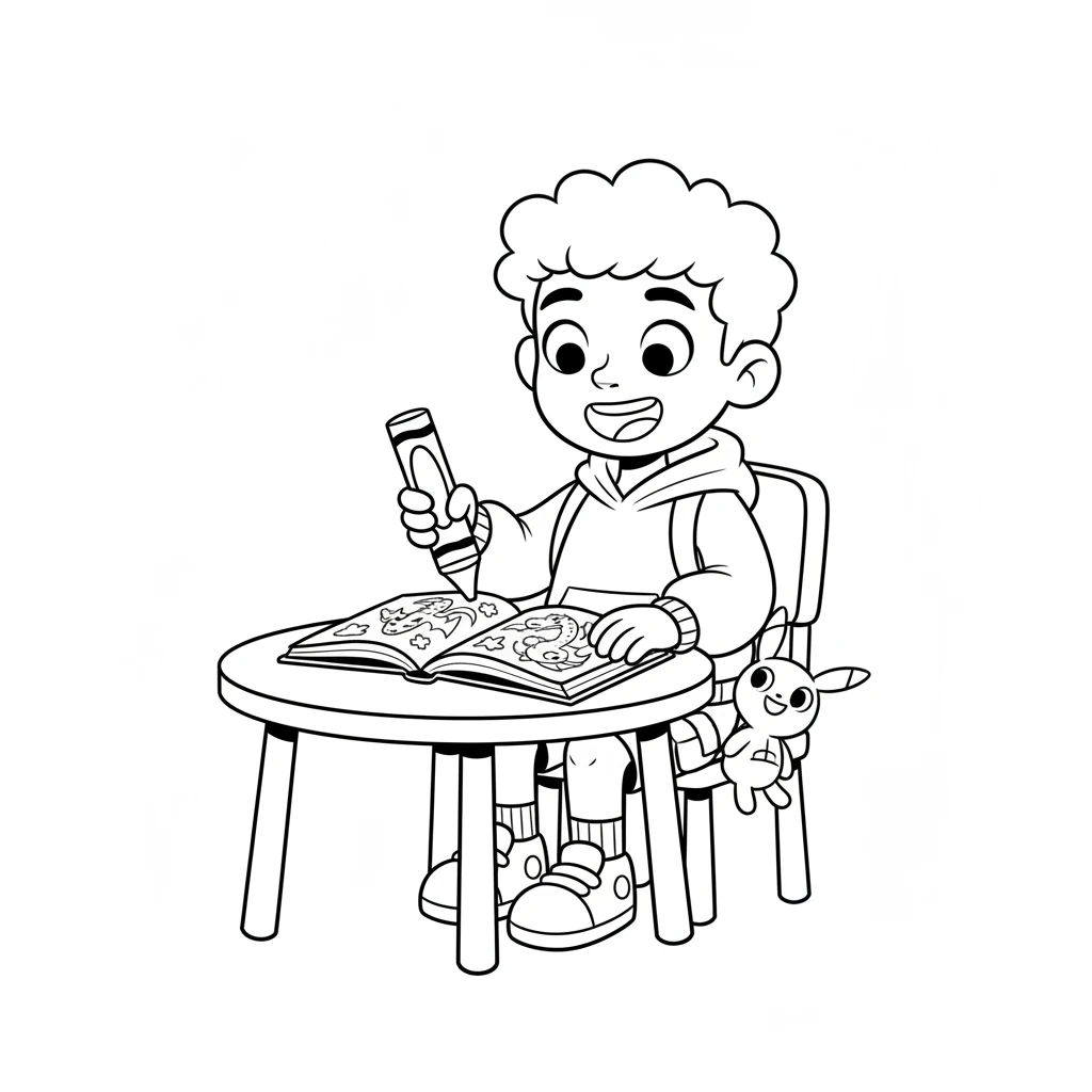 Leo sits at a small table, a new, thick coloring book open before him. His eyes are wide with excitement, a crayon clutched in his hand. He can't wait to begin his adventure.