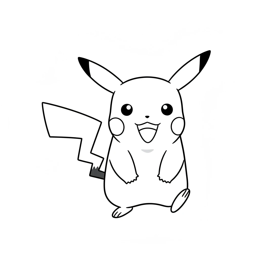 The first page shows a friendly Pikachu, waiting to be colored. Its round body and pointy ears are outlined in bold black lines. A lightning bolt tail wiggles slightly, eager for color.