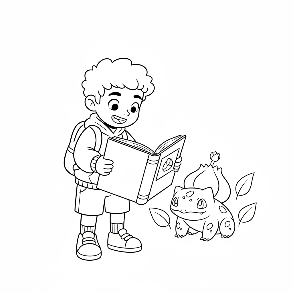 He turns the page to find Bulbasaur, patiently sitting amidst a few simple leaves. The plant bulb on its back is ready to bloom. It looks calm and peaceful.