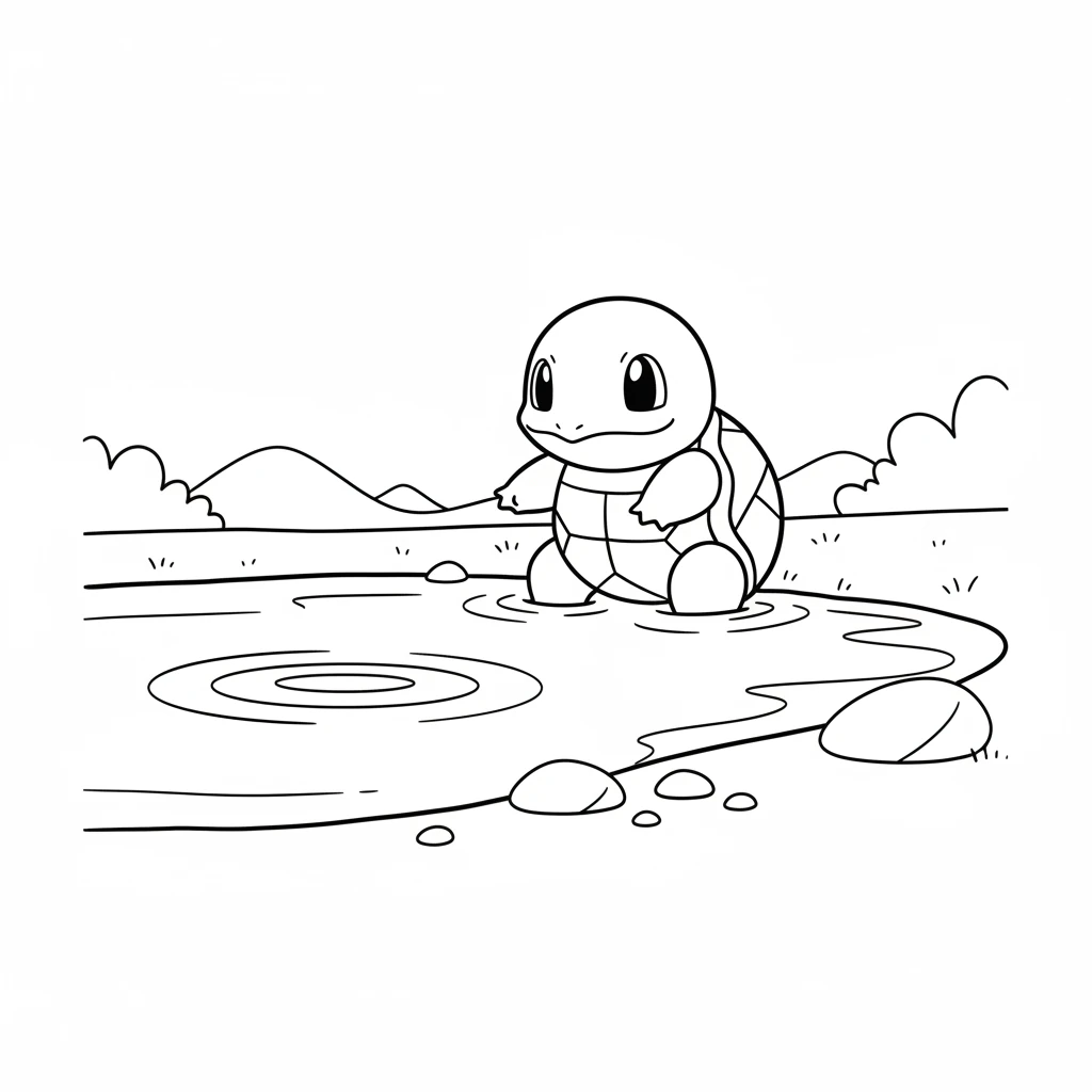 On the next page, Squirtle sits by a calm pond, a single ripple stretching out from its sturdy shell. It looks ready for a swim. The water appears cool and inviting.
