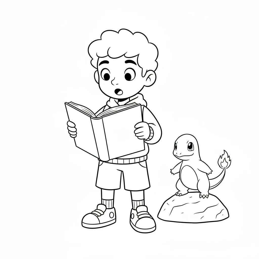 Flipping to a new page, Leo sees Charmander, its tail flame flickering gently. It stands on a small, simple rock. The outline is simple, yet full of character.