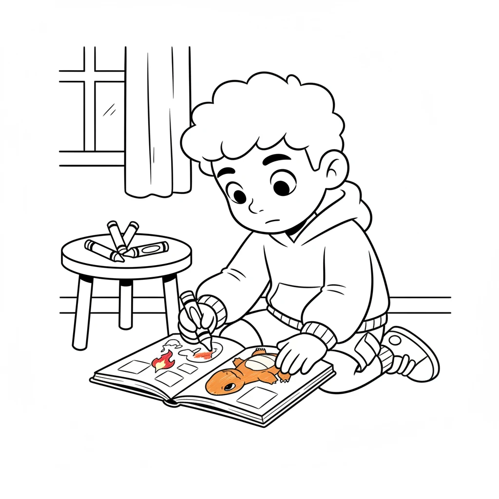 Leo uses an orange crayon for Charmander and a fiery red for its tail flame. The room feels a little warmer in his imagination as the colors appear. He concentrates on staying within the lines.