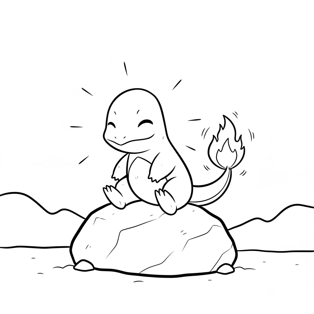 Charmander glows with a warm orange, its tail flame dancing brightly. It looks cozy and content on its rock. The simple lines now hold so much life.