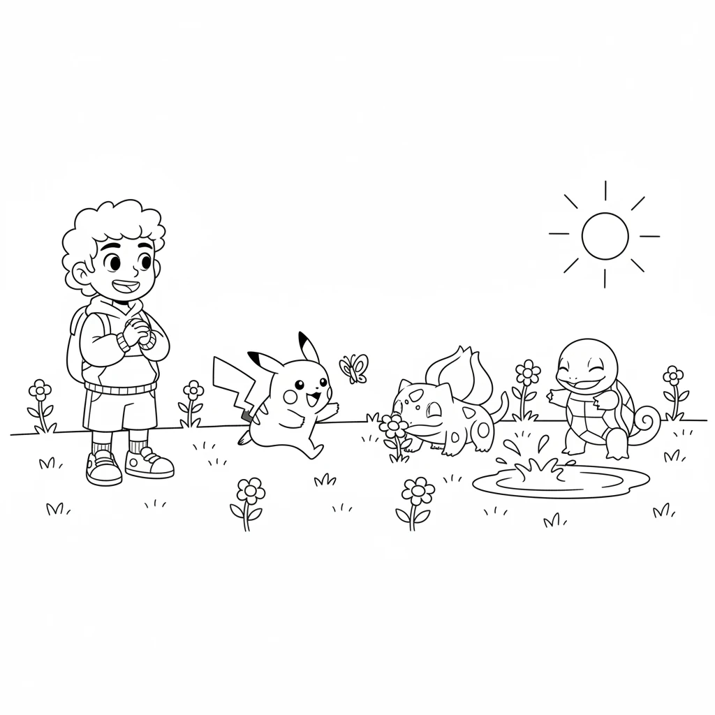 Leo imagines all three Pokémon, Pikachu, Bulbasaur, and Squirtle, playing together in a sunny field. Pikachu chases a butterfly, Bulbasaur sniffs a flower, and Squirtle splashes in a puddle. They are all happy friends.