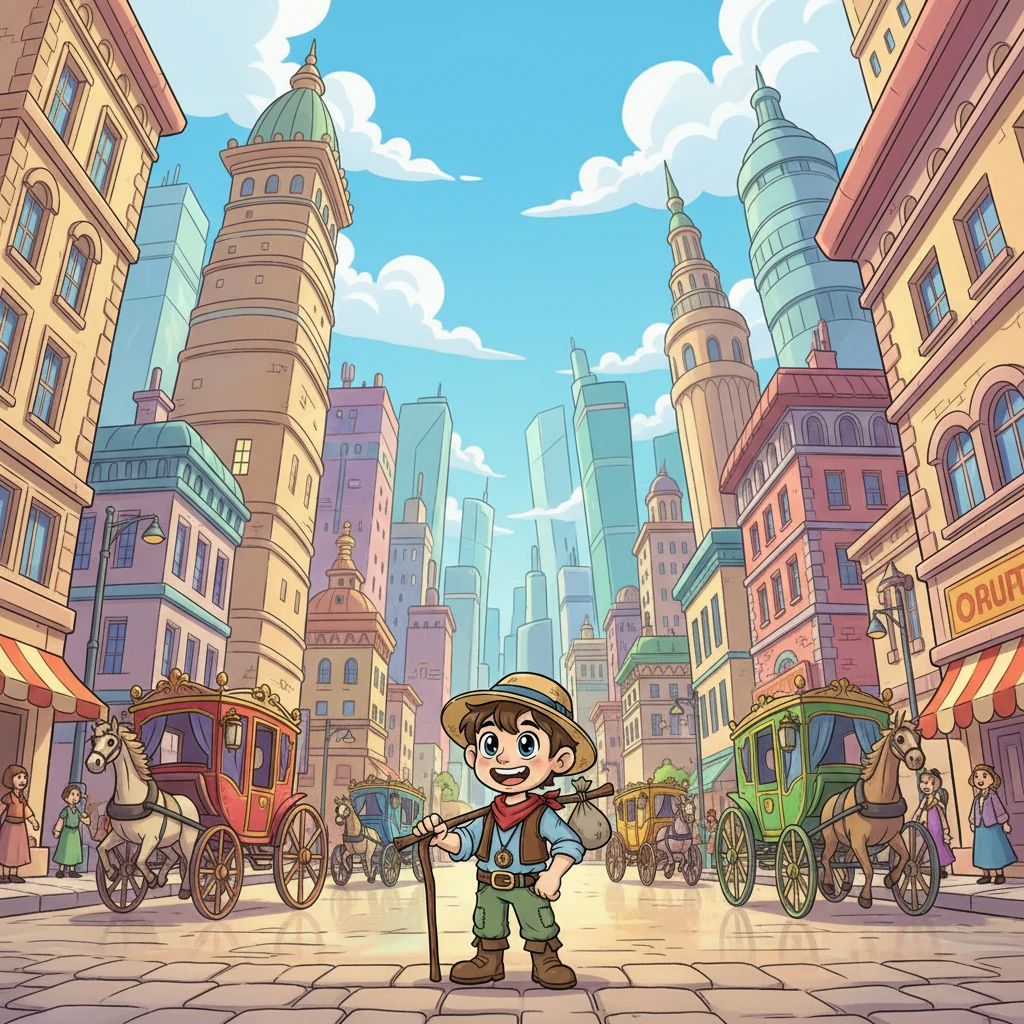 Dopo giorni di cammino, Pippo arrivò in una città vibrante e rumorosa. Grattacieli altissimi toccavano le nuvole e carrozze colorate sfrecciavano per le strade. I suoi occhi si spalancarono per la meraviglia, sentendosi un puntino in quel mare di novità.