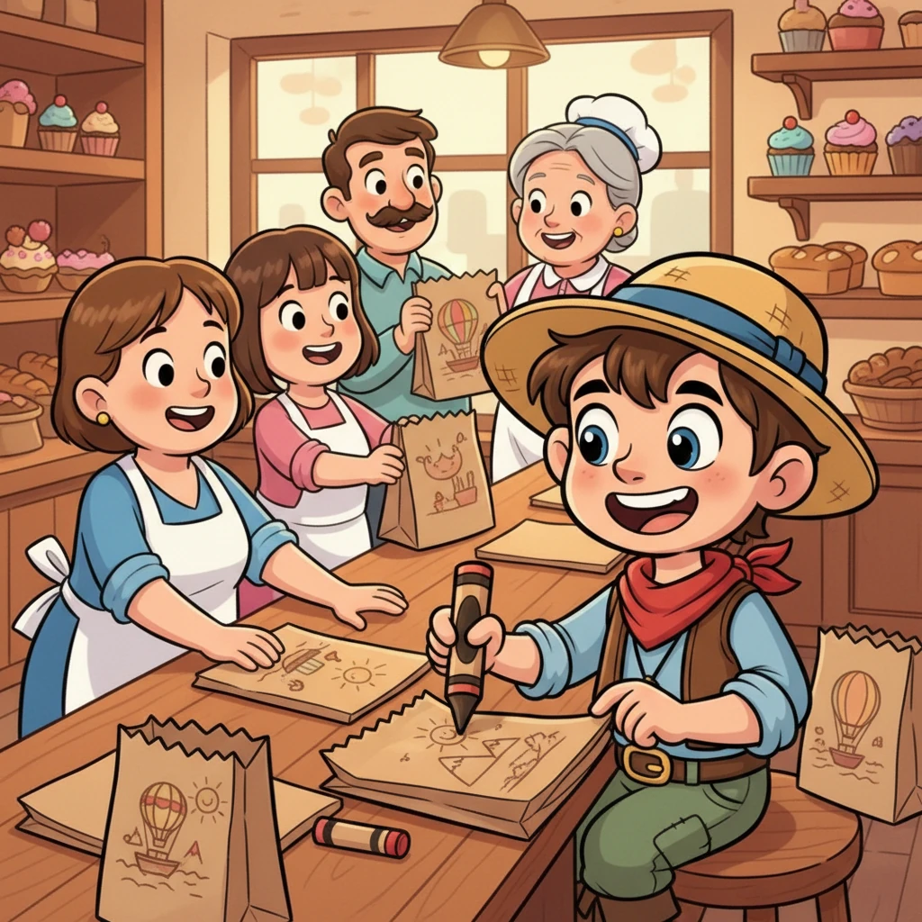 Pippo iniziò a disegnare le sue avventure sui sacchetti di carta della pasticceria. I suoi disegni erano così vivaci e pieni di gioia che presto i clienti iniziarono a chiederli. Scoprì che la sua vera fortuna era la sua creatività e la capacità di portare un sorriso.