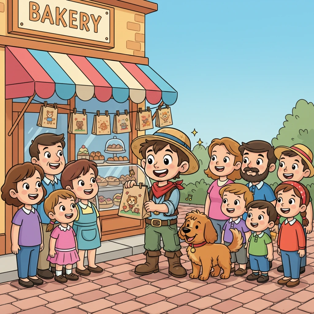 La pasticceria divenne famosa per i "sacchetti d'arte" di Pippo. La gente veniva da lontano per ammirare i suoi disegni e ascoltare le sue storie. Pippo, con Fido al suo fianco, si sentiva felice e realizzato, circondato da nuovi amici.