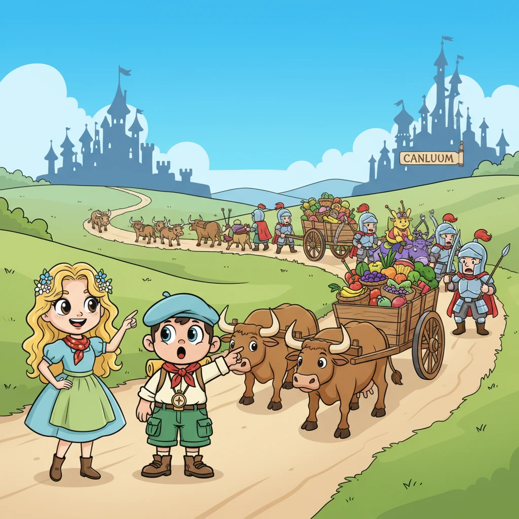 Bientôt, ils rejoignirent la grande route, un ruban animé grouillant de vie. Des chariots à bœufs dodelinaient de la tête, remplis de paniers débordants, tandis que de grandes caravanes de marchands, avec leurs gardes aux casques étincelants, se dirigeaient tous vers la ville de Canluum.