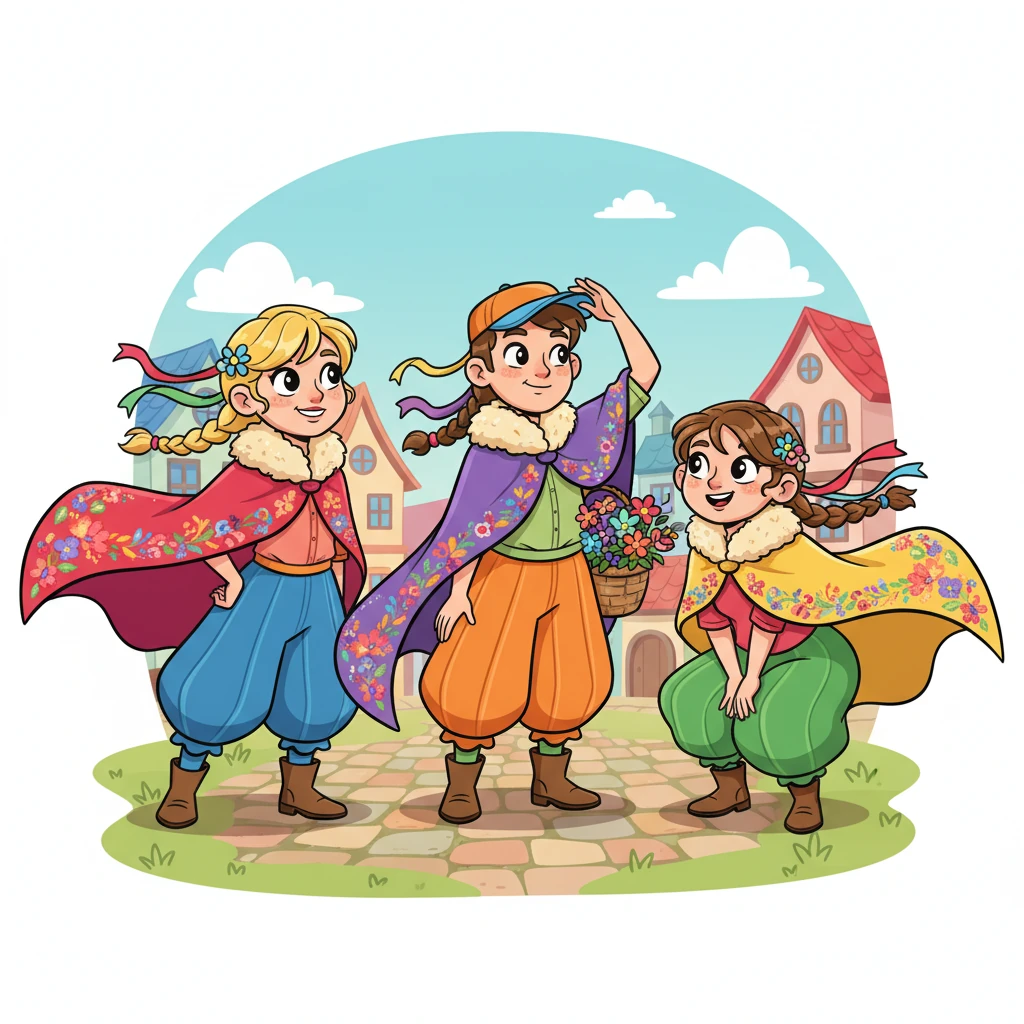 Mais les paysans étaient les plus colorés ! Leurs pantalons bouffants et leurs capes virevoltaient au vent, ornés de broderies éclatantes. Des rubans dans les cheveux et des cols de fourrure moelleux faisaient d'eux un spectacle joyeux, même s'ils observaient les étrangers avec une curiosité espiègle.