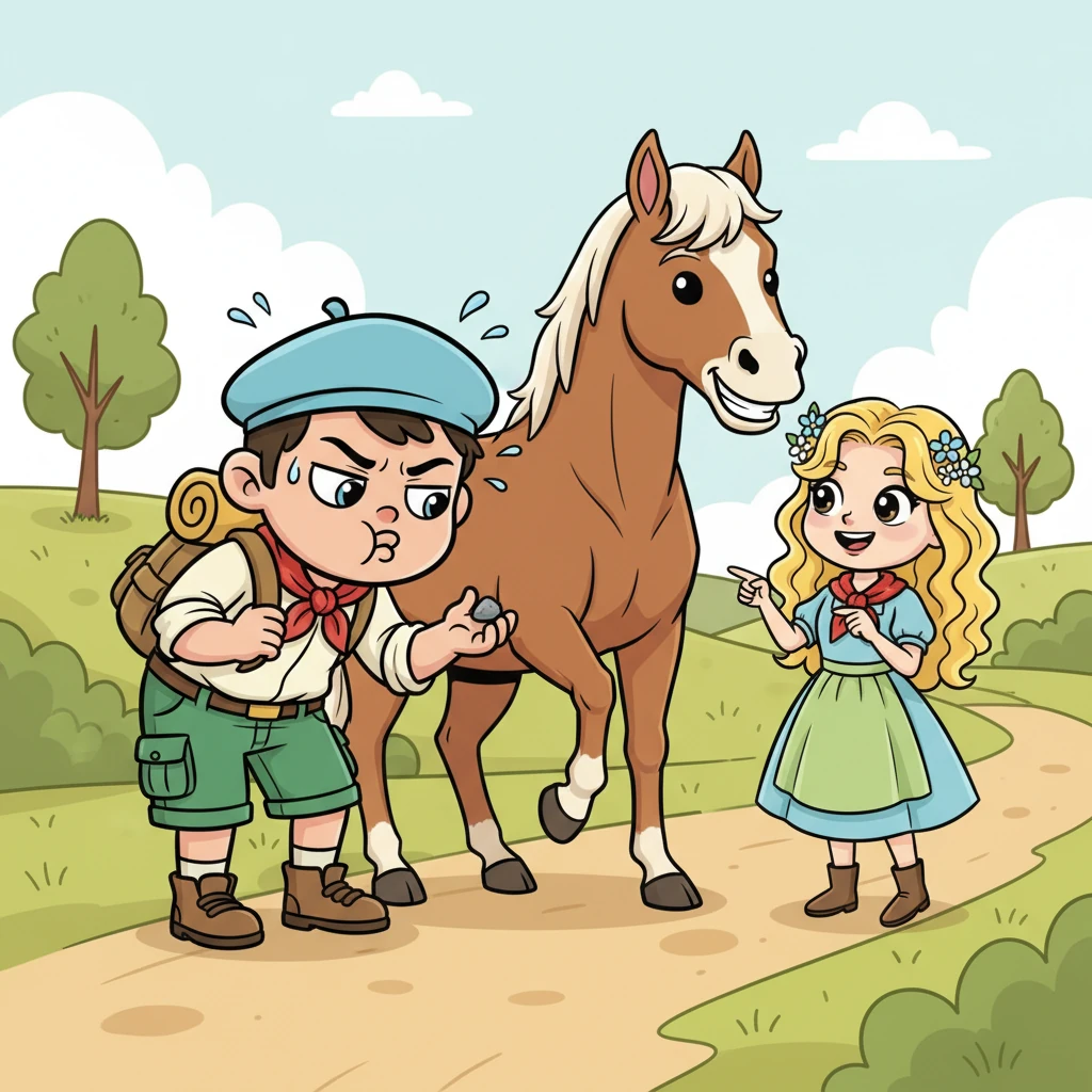 Cette fois, c'était un sabot de cheval chatouillé par une pierre qui rendait Bukama grincheux. Il s'arrêta, penché avec un soupir théâtral pour examiner la patte de la monture. Le cheval, avec un grand sourire innocent, semblait se moquer gentiment de son humeur.