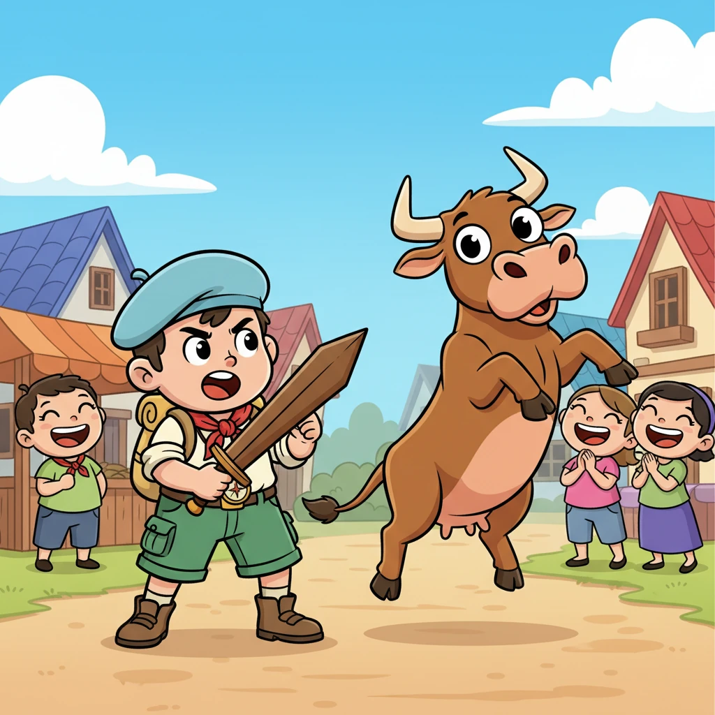 « Des bandits, nous ? Pensez-vous que nous allons les dévaliser en plein jour ? » grommela Bukama, ajustant son épée d'un geste un peu trop dramatique. Un bœuf, surpris, fit un bond comique, ses yeux ronds de surprise, faisant rire les passants.