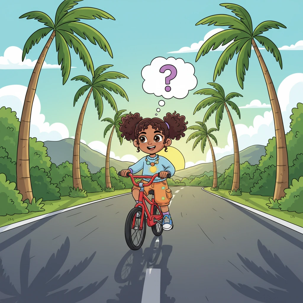 Rashmika, a bright-eyed girl with a cheerful smile, pedals her bicycle down a sunny road lined with tall, swaying coconut trees in Kanniyakumari. Her pigtails bounce as she looks at the long, thin shadows stretching far ahead of her. A thought bubble above her head shows a question mark, highlighting her puzzled expression.