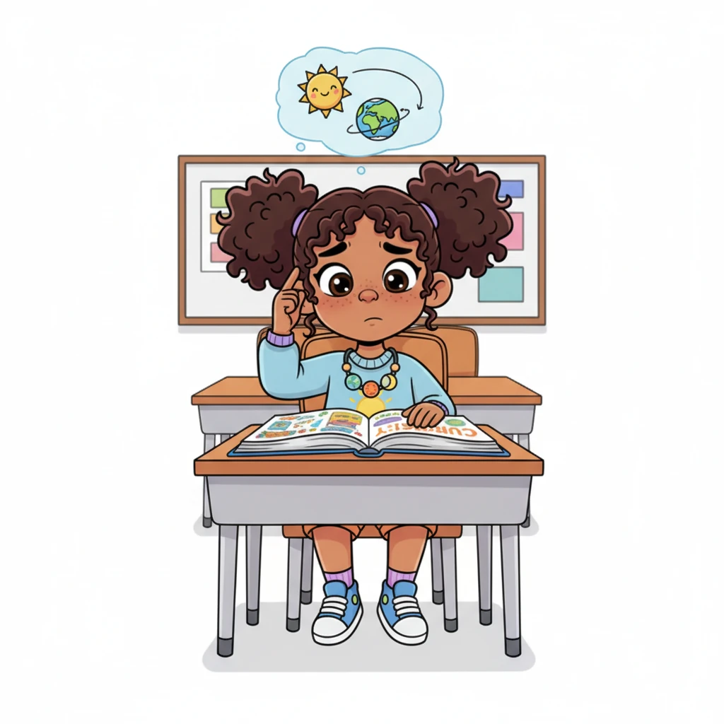 Rashmika sits at her school desk, a colorful science book titled Curiosity open before her. She has a thoughtful, slightly confused expression, scratching her head as a tiny sun seems to move across the sky in her mind's eye, while a little Earth spins below it.