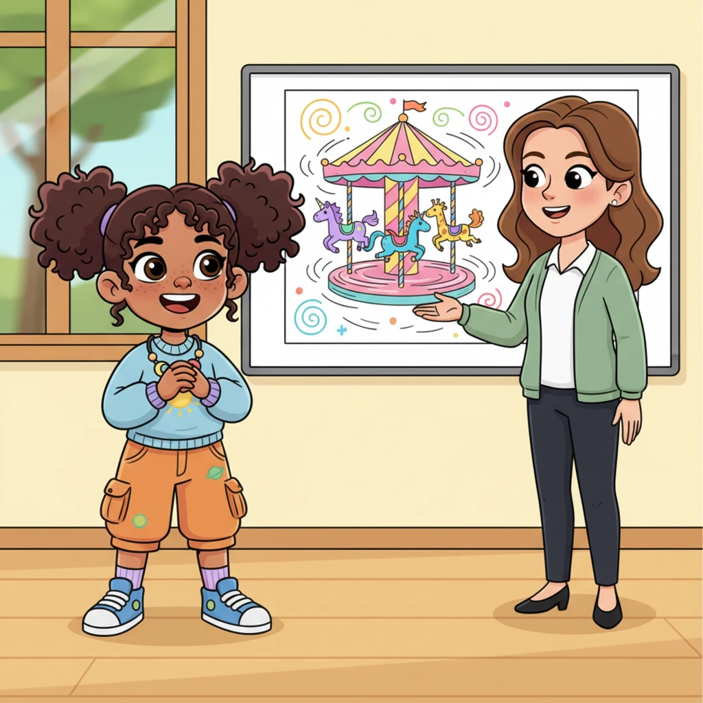 Her kind teacher, with an encouraging smile, stands beside a vibrant, spinning merry-go-round illustration on the whiteboard. Rashmika, with wide, understanding eyes, nods vigorously, imagining herself on the ride as the background trees blur past.