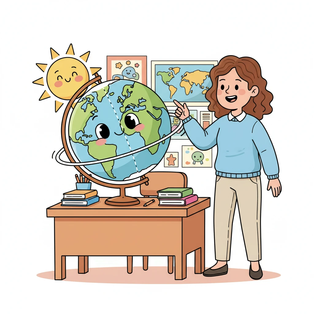 The teacher points to a large, friendly-looking globe on her desk, which is playfully spinning from west to east. A dotted line representing the axis runs through it, and half of the globe is brightly lit by a beaming sun, illustrating the cycle of day and night.