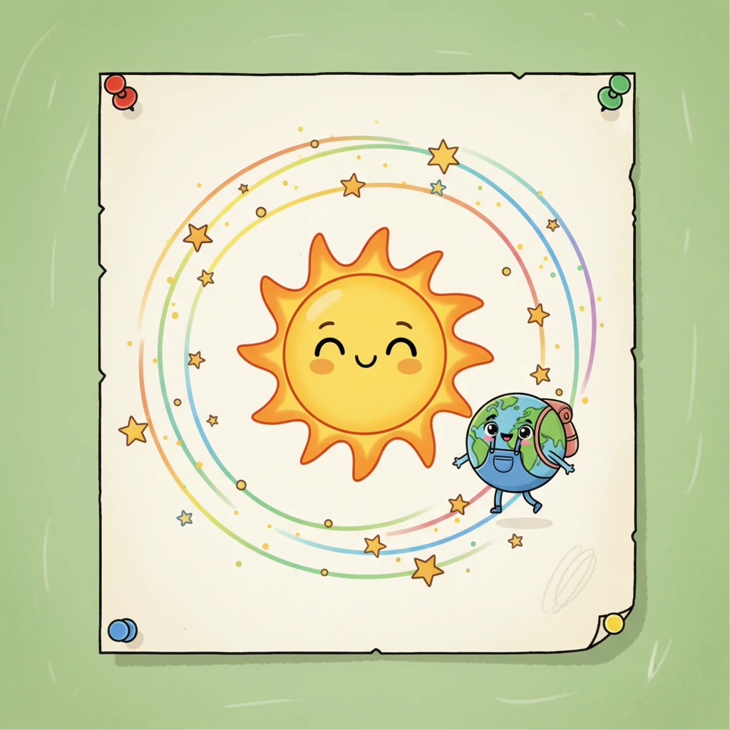 A whimsical diagram on the classroom wall shows a happy Earth character gracefully revolving in a wide, nearly-circular path around a smiling Sun. The path is marked with a "1 Year" label, and tiny stars twinkle around the orbit, emphasizing the Earth's long journey.