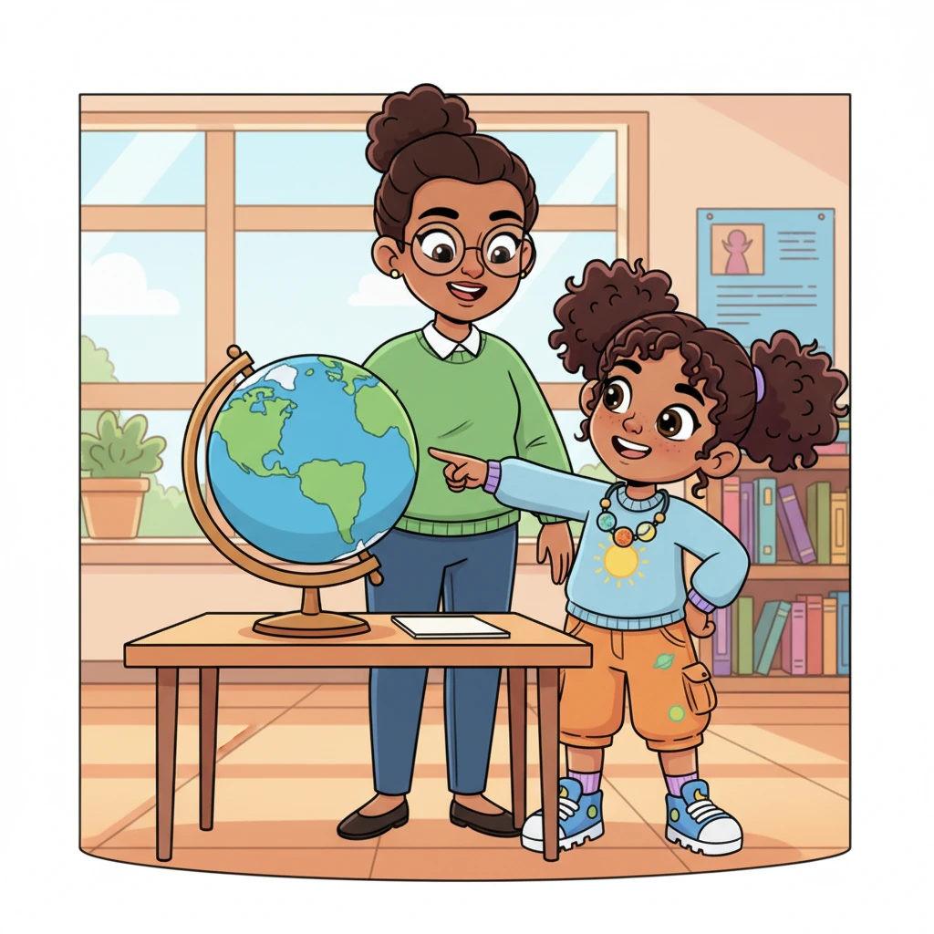 The teacher uses a simplified model of the Earth, clearly showing its axis tilted at a jaunty angle, like a slightly leaning top. Rashmika points to the tilt with a curious, excited expression, realizing this is a key discovery for understanding our world.