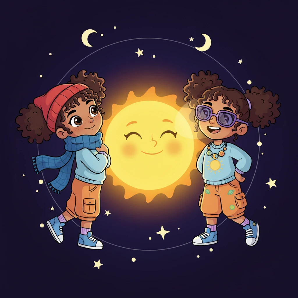 Two cheerful Earth characters are depicted: one tilted towards a warm sun for summer, wearing sunglasses, and another tilted away for winter, bundled in a scarf, both orbiting the same sun. Bright rays hit one, while softer light reaches the other, illustrating the cause of seasons.