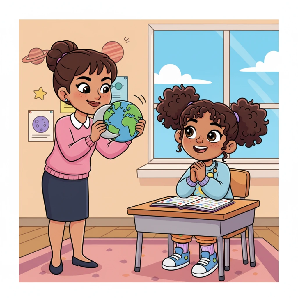 The teacher, with an air of playful mystery, holds up two cutouts – a tiny moon and a larger earth – as if starting a celestial game of "hide-and-seek." Rashmika leans forward, captivated by the idea of cosmic events unfolding in the sky.