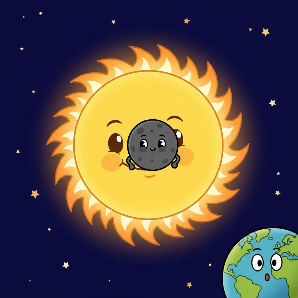 A dramatic scene unfolds: a small, dark Moon playfully slides directly in front of a huge, bright Sun, casting a circular shadow over a surprised Earth peeking from behind. The Sun's corona glows intensely around the edges, creating a breathtaking solar eclipse.