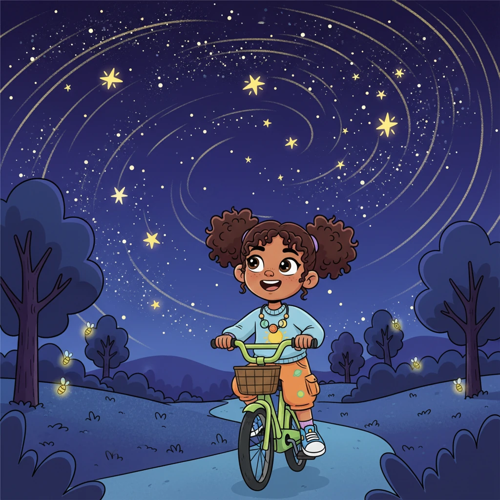 Rashmika cycles home under a sky full of sparkling stars, her face beaming with newfound understanding and wonder. She looks up, knowing the Earth is constantly spinning, making the stars appear to dance across the night sky, a beautiful reminder of her day of discovery.