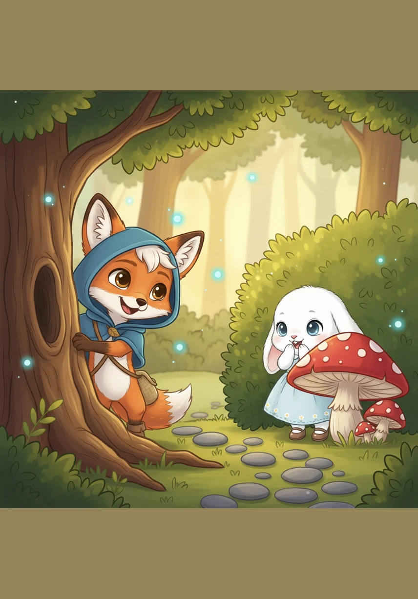 The two new friends decided to play a game of hide-and-seek among the ancient, gnarled oak trees. Finnegan’s bushy tail peeked out from behind a trunk, making Bella giggle for the very first time.