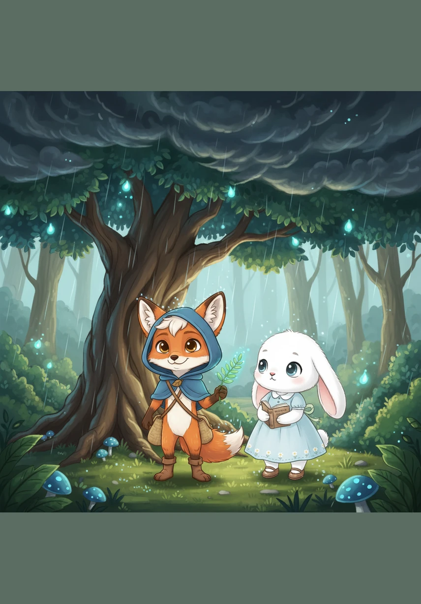 Suddenly, dark clouds gathered and a gentle rain began to pitter-patter on the leaves above. Finnegan spotted a giant, sturdy mushroom nearby and beckoned Bella to join him in the dry, cozy space underneath.