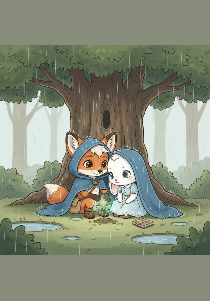 As the rain fell around them, they sat huddled together, sharing stories about their favorite things. Finnegan talked about the stars, and Bella spoke of the clover fields, realizing they had so much in common.