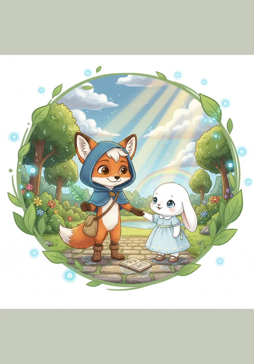 The clouds eventually parted, and a brilliant rainbow stretched across the sparkling park. The world felt fresh and new, and the two friends stepped out to marvel at the colorful arch reflecting in the puddles.