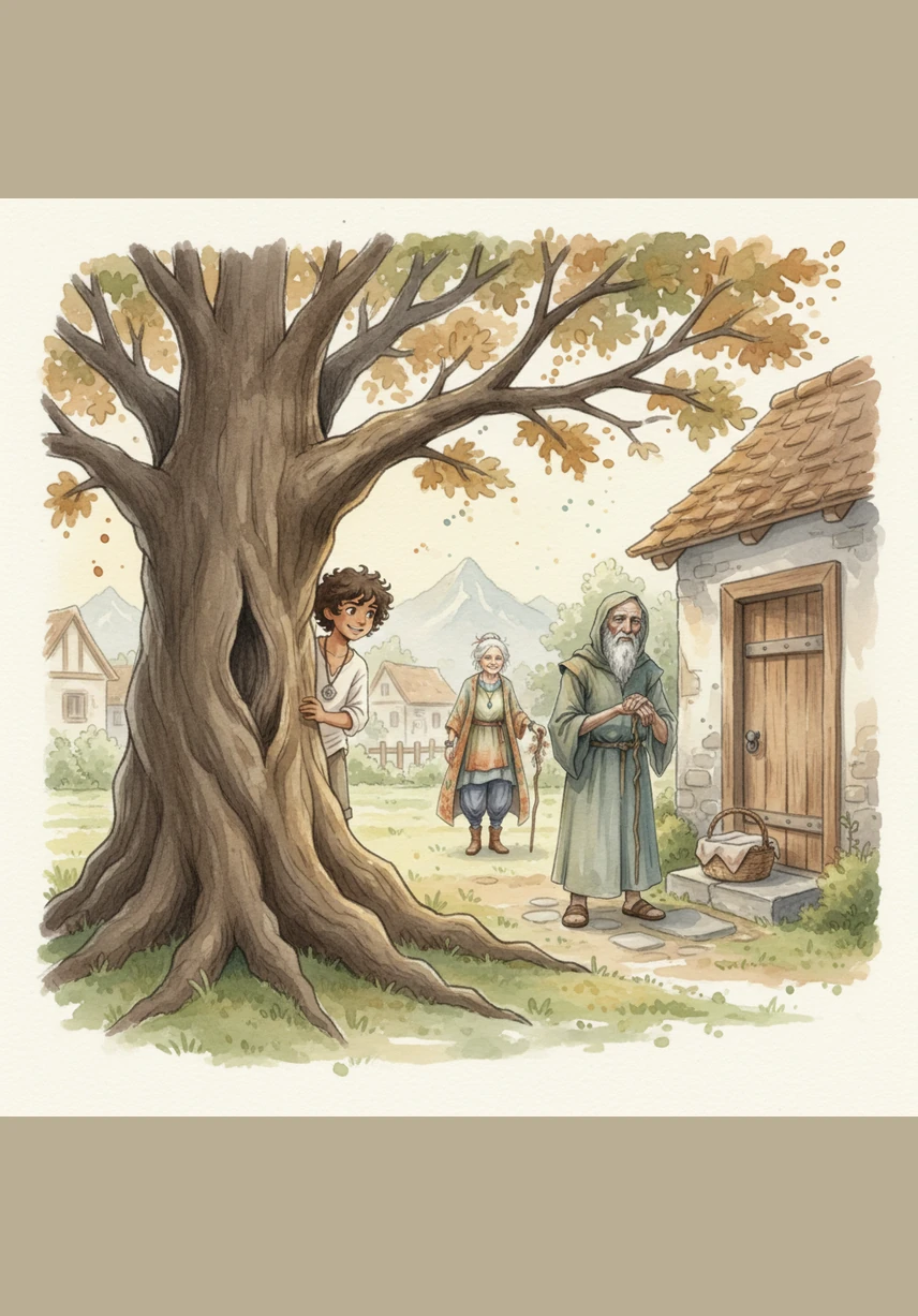 He placed the food quietly on the doorstep and hurried away behind a large oak tree before anyone could open the door. He watched from afar as the neighbor found the unexpected gift, feeling a secret thrill of excitement at remaining anonymous.