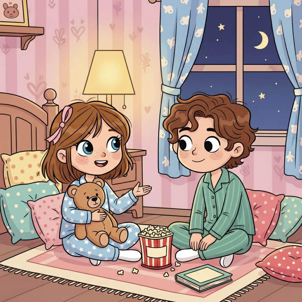 Priscille confie ses doutes à Théo lors d'une soirée pyjama. Les confidences fusent, accompagnées de rires et de silences. Théo l'écoute attentivement, son regard doux et compréhensif.