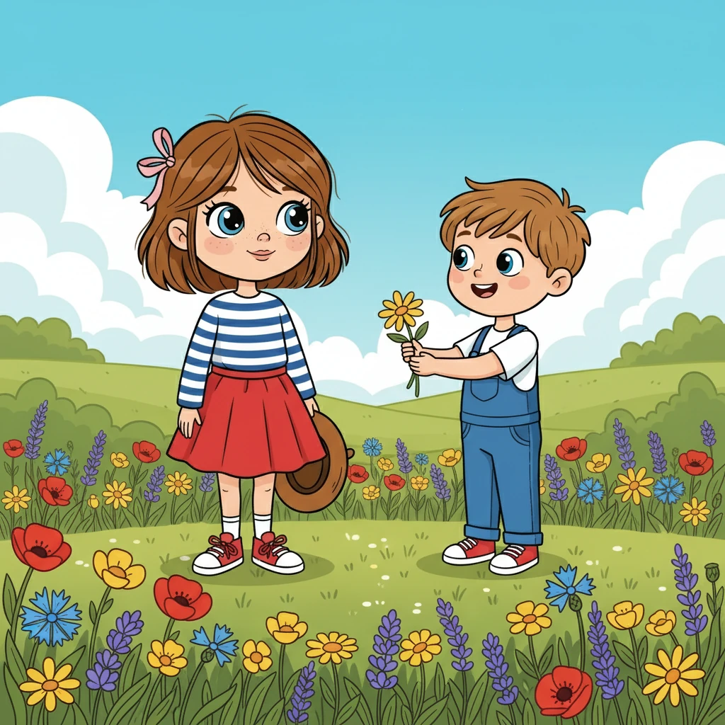 Un après-midi, ils se promènent dans un champ de fleurs sauvages. Théo cueille une fleur et la tend à Priscille, ses yeux brillants. Un geste simple, mais qui semble sceller une promesse.