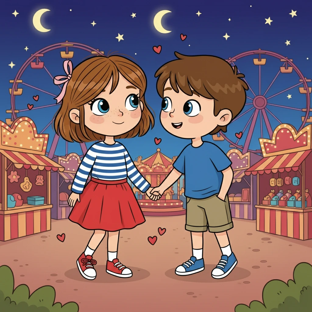 Sous un ciel étoilé, lors d'une fête foraine, Théo prend Priscille par la main et lui avoue ses sentiments. Un aveu murmuré, un moment suspendu dans le temps, le début d'une histoire d'amour estivale.