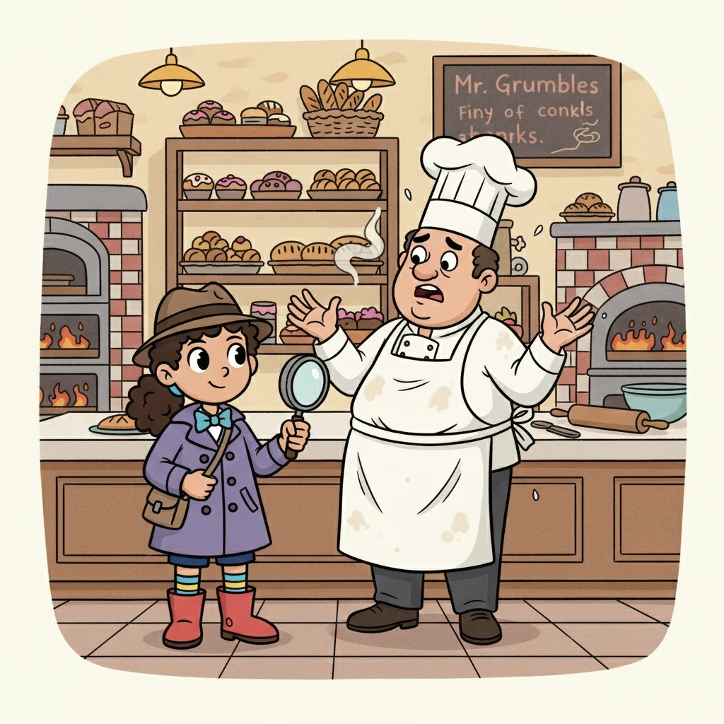 The next morning, Violet visited Mr. Grumbles, the baker, whose prize-winning blueberry pie had also disappeared. Mr. Grumbles was distraught, flour dusting his apron. He told Violet, 'It was right here, just this morning! Gone, like a puff of smoke!'