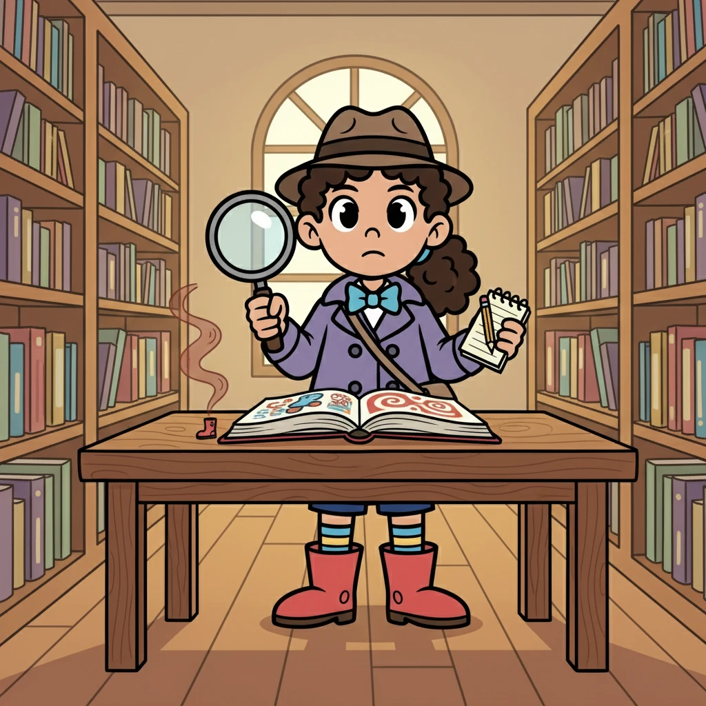 At the library, Violet examined the scene. A book on illusions was open on the table. She noticed a faint scent of cinnamon, and a small, almost invisible, footprint. This was getting interesting!