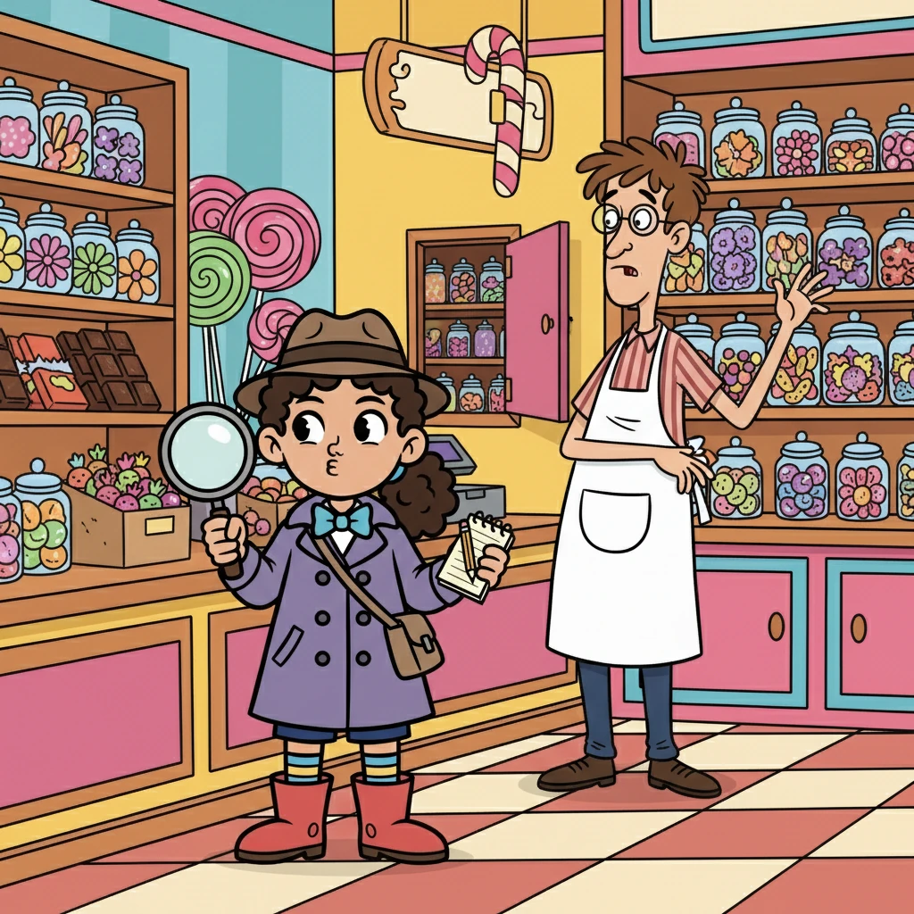 Following the cinnamon scent, Violet found herself in the candy shop. The owner, a nervous man named Mr. Snuggles, was rearranging his shelves. Violet noticed a collection of unusual sweets and a hidden compartment behind the counter.