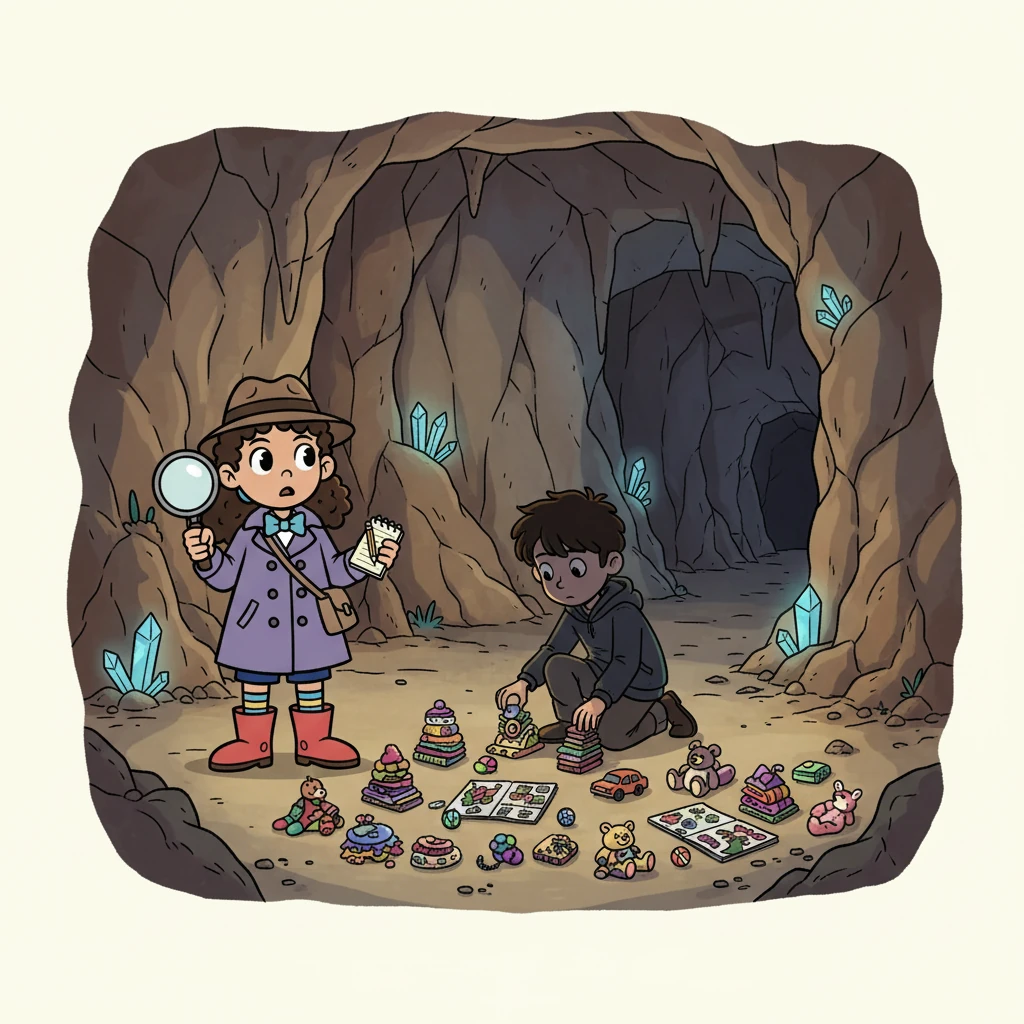 Venturing deeper into the tunnels, Violet found a large cavern. In the center, a shadowy figure was carefully arranging all the missing items. It was a young boy, her age!