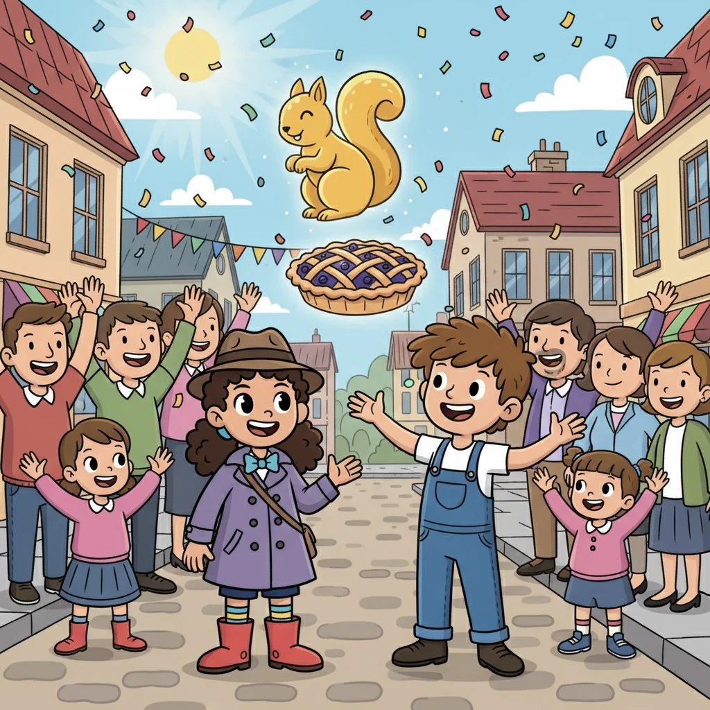 Violet and Finn worked together to return all the items. Finn used his magic to make the golden squirrel statue and the blueberry pie reappear. The town cheered and celebrated, relieved and amazed.