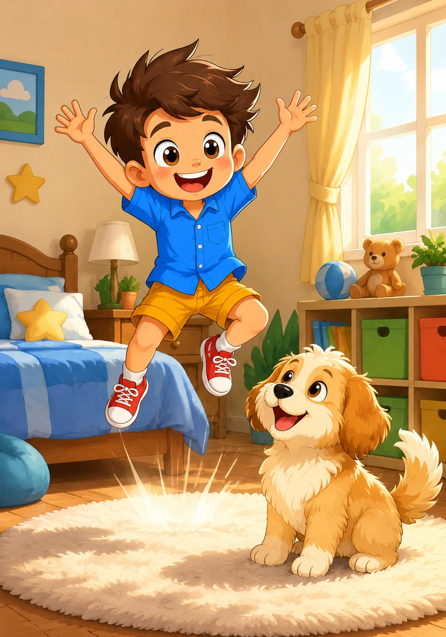 Leo wakes up with a burst of morning energy and bounces high on his bedroom rug. His fluffy dog, Barnaby, watches with wagging tail as Leo leaps into the air with a wide, bright smile.