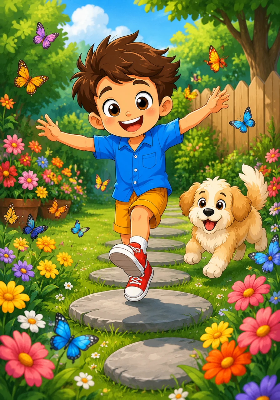 Out in the sunny backyard, Leo hops like a little green frog across the stepping stones. He lands balanced on one foot, giggling as the colorful butterflies flutter around the garden flowers.