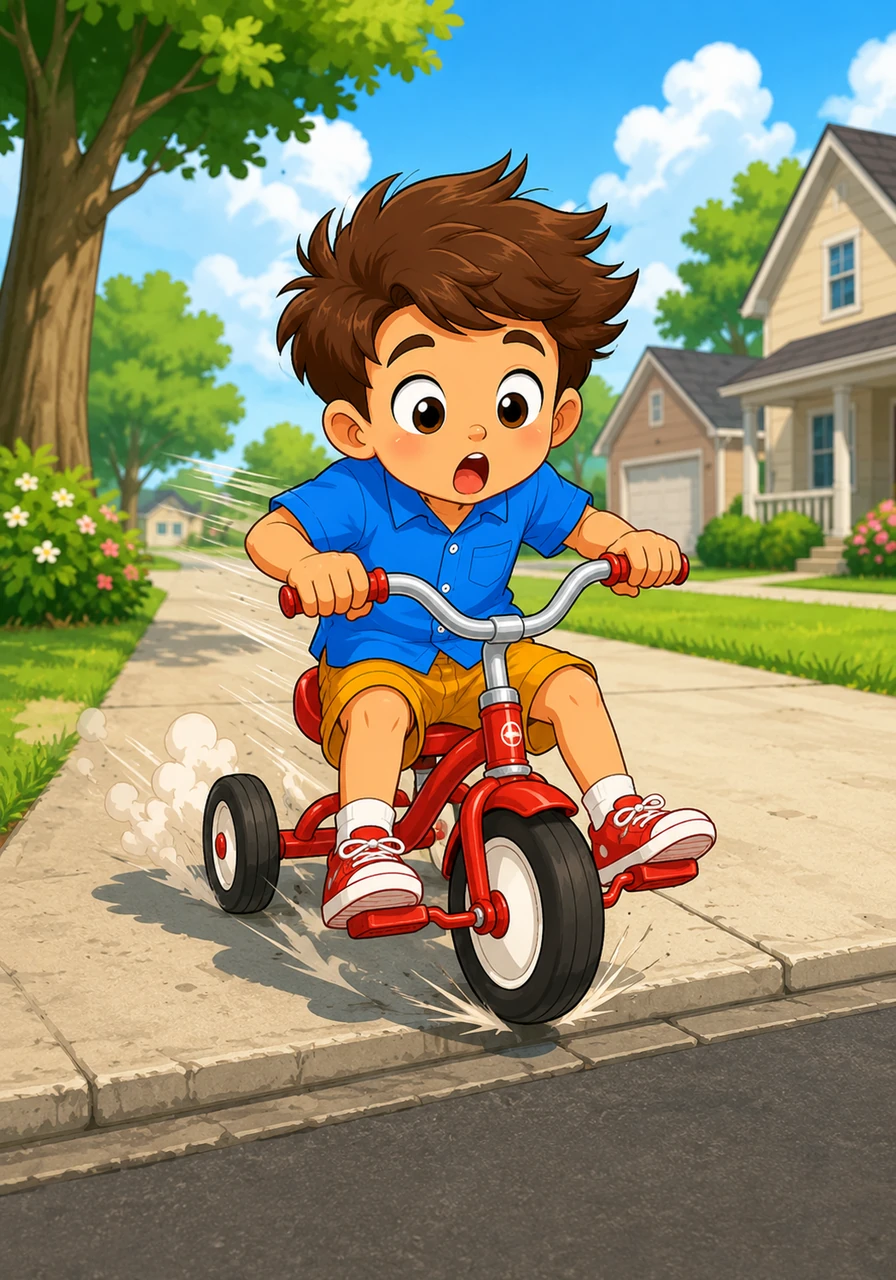 Leo zooms down the sidewalk on his bright red tricycle, his legs pedaling fast and his hair blowing in the wind. Suddenly, he presses his feet down to stop safely right before the edge of the driveway.