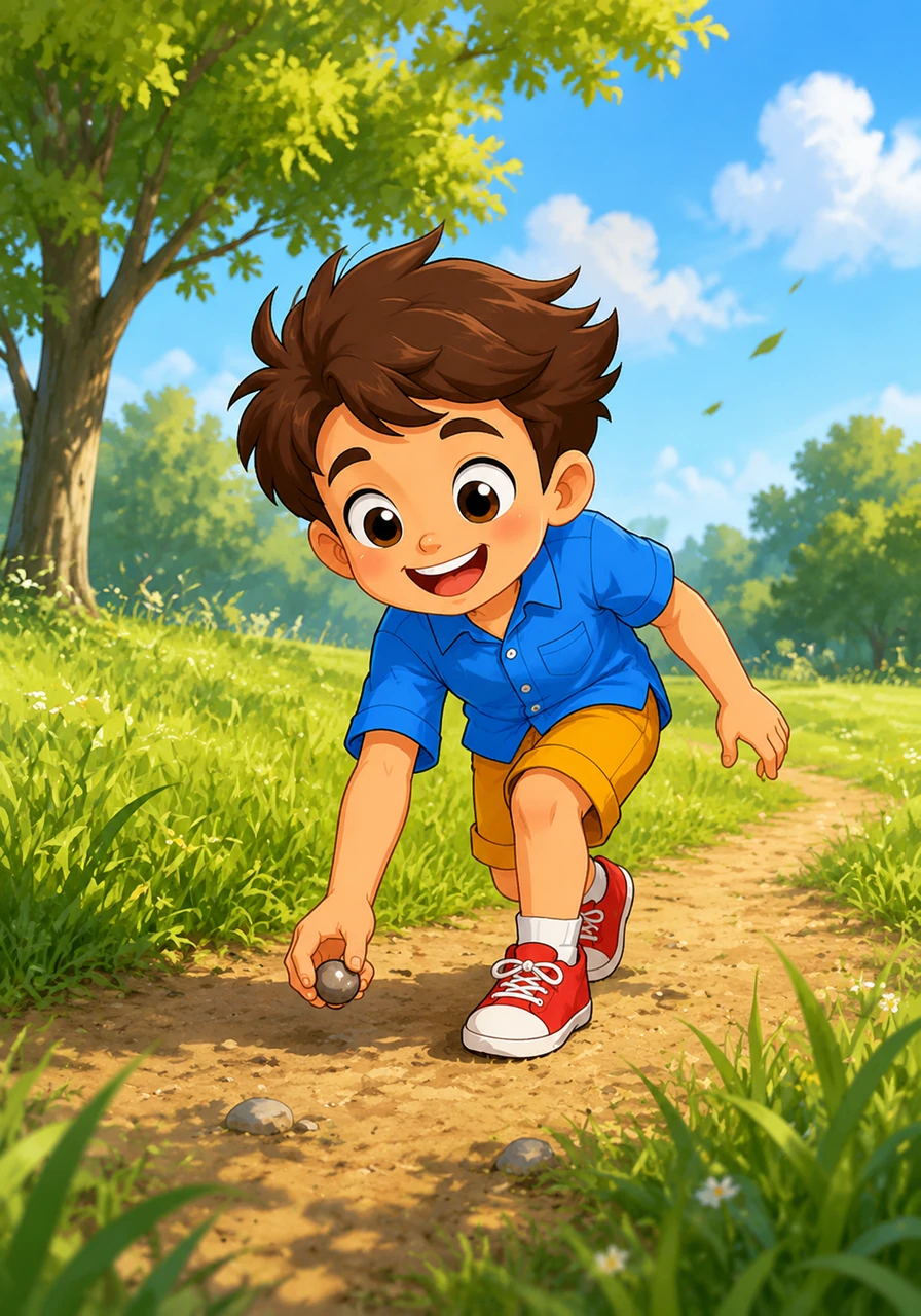 With a skip and a hop, Leo runs through the tall, green grass of the park, racing the gentle breeze. After a fast sprint, he slows down to a gentle walk, picking up a shiny round pebble from the path.