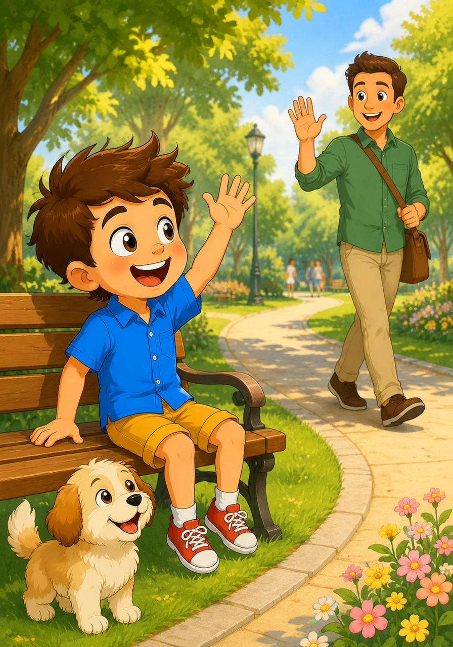 Sitting on a wooden park bench, Leo throws his hands in the air and sings a cheerful morning song at the top of his lungs. He turns to a friendly neighbor passing by, giving a warm wave and saying a bright hello.