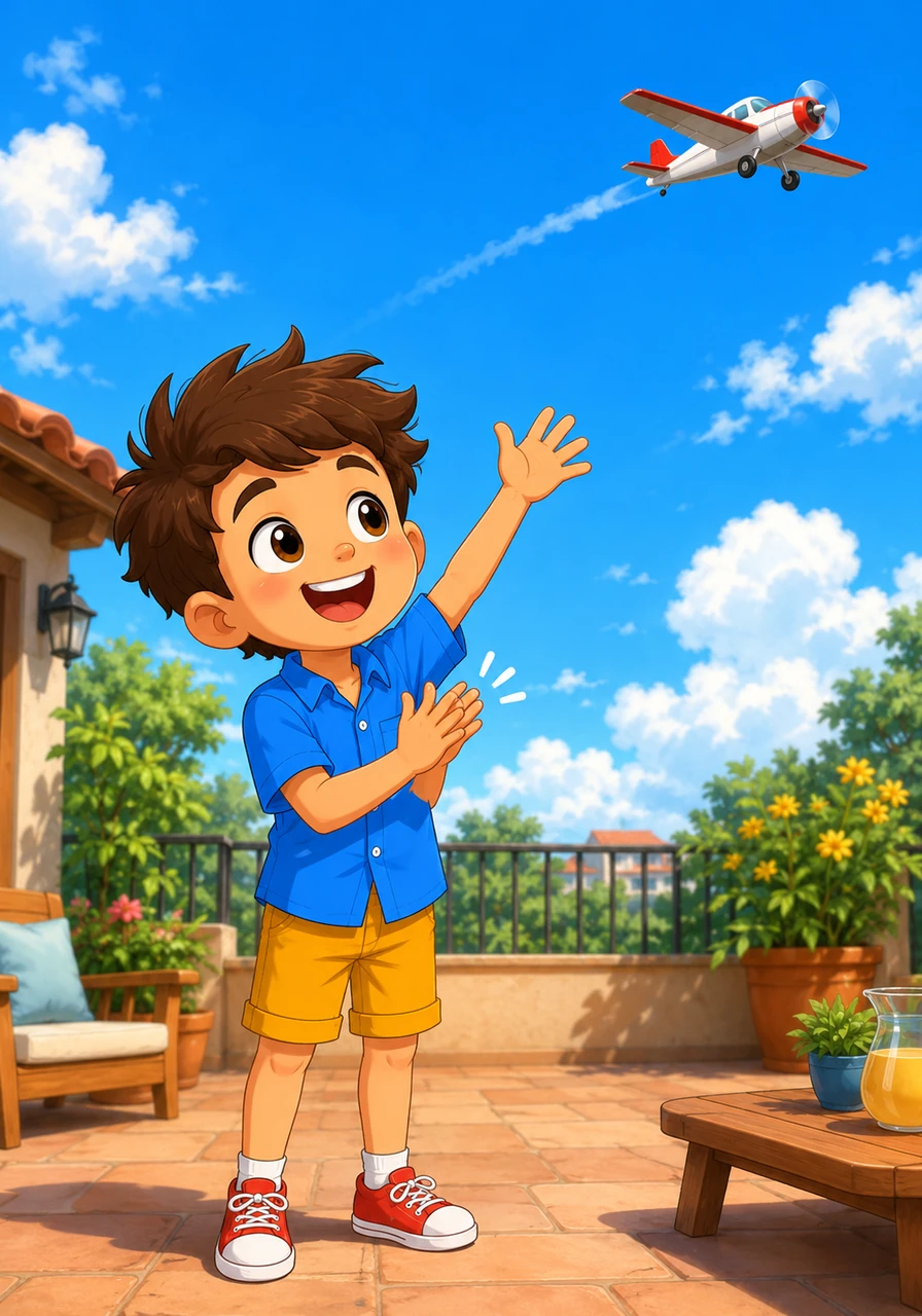 Standing on the patio, Leo waves goodbye to a passing airplane high in the sky. He claps his hands together in a rhythmic, joyful beat, celebrating the sunny day with pure excitement.