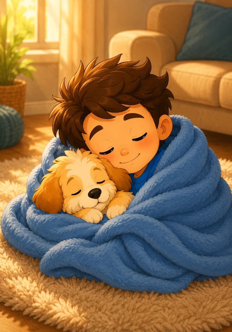 The afternoon sun grows warm, and Leo feels his eyelids getting heavy on the soft living room rug. He curls up with his favorite blue blanket, cuddling close to Barnaby for a peaceful, short nap.