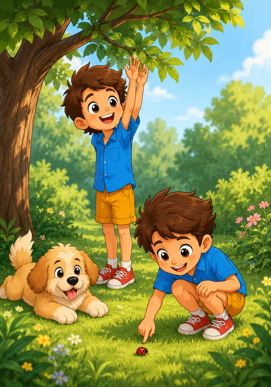 After waking up refreshed, Leo stretches his arms high above his head to touch the low-hanging tree branches. He bends all the way down to his toes, reaching for a little ladybug crawling through the grass.