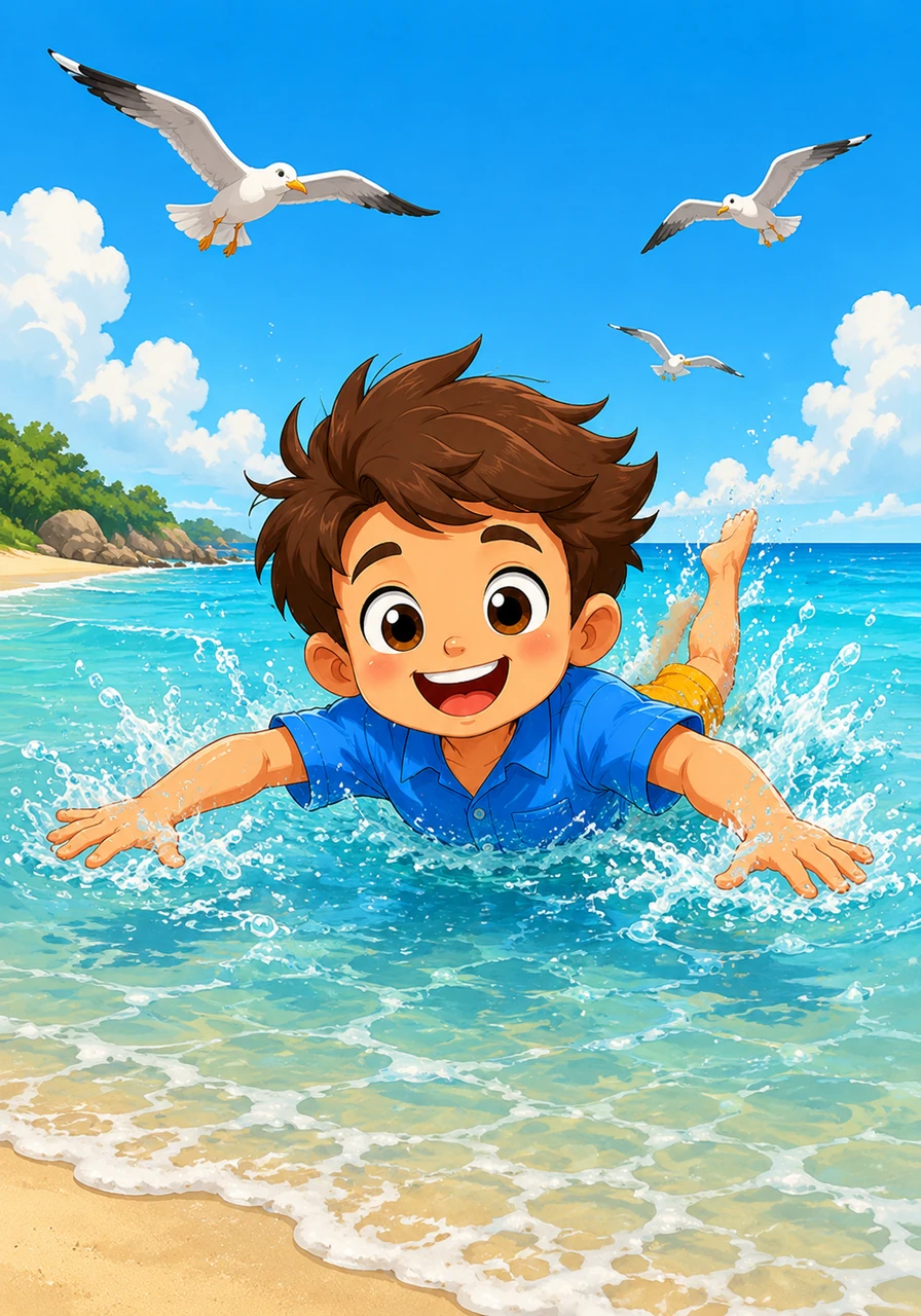 At the sandy beach, Leo splashes happily in the cool, shallow ocean water. He kicks his feet and moves his arms, practicing his very best doggy paddle while seagulls soar overhead.