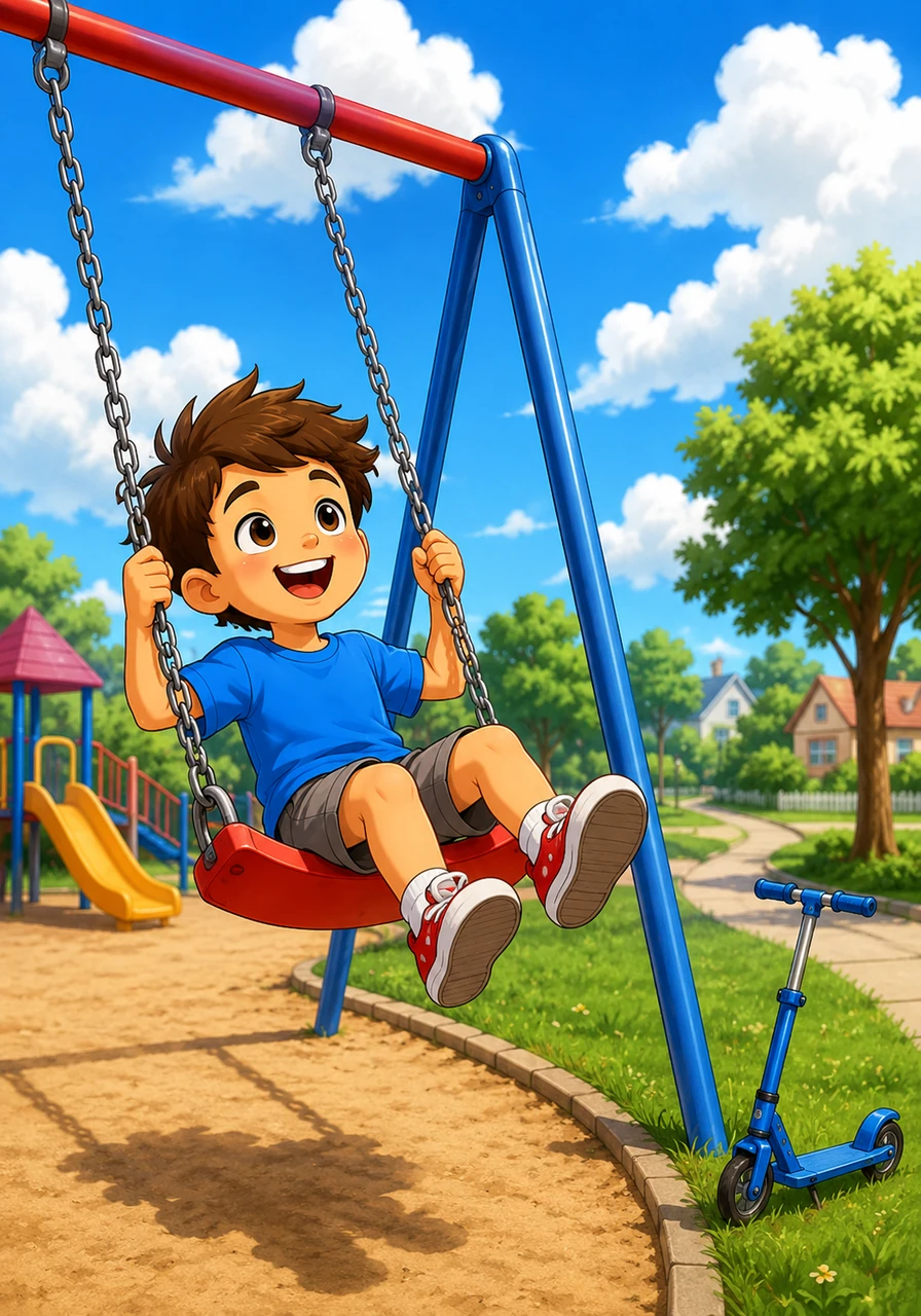 Back at the neighborhood playground, Leo pumps his legs high, swinging toward the fluffy white clouds. Later, he climbs onto his shiny blue scooter, ready to ride down the smooth park pathway.