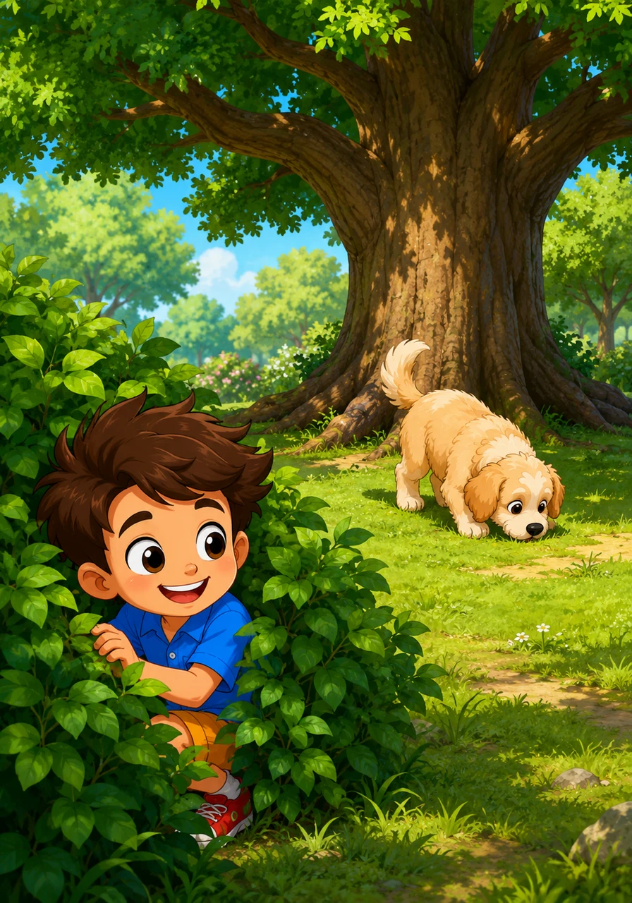 Leo covers his eyes with his hands, counting out loud next to a large oak tree. He runs off to hide behind a thick bush, giggling quietly while Barnaby sniffs around trying to seek him out.