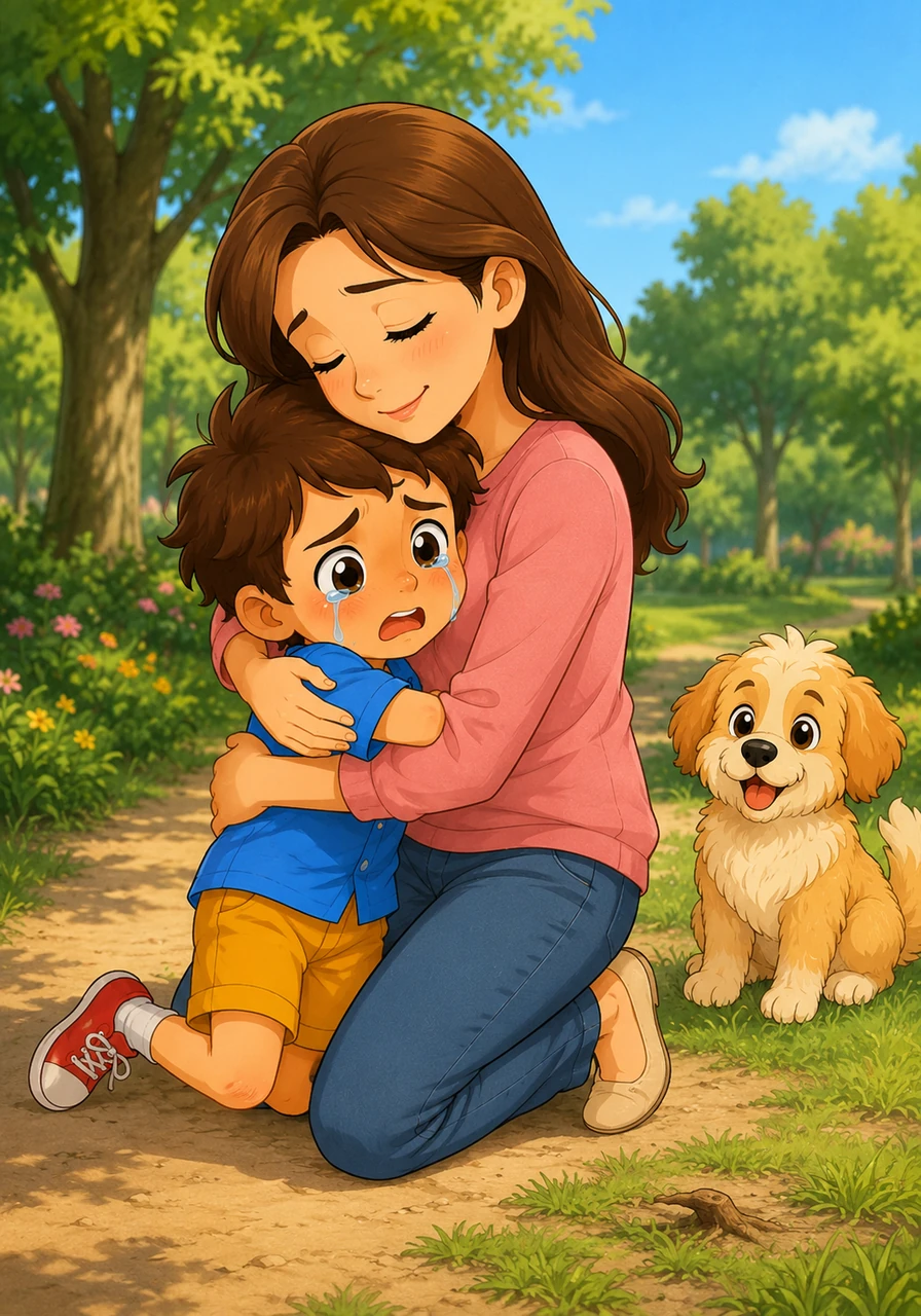 While running too fast on the grass, Leo trips over a small root and bumps his knee. A few big tears roll down his rosy cheeks, but his mother quickly wraps him in a warm, comforting hug.